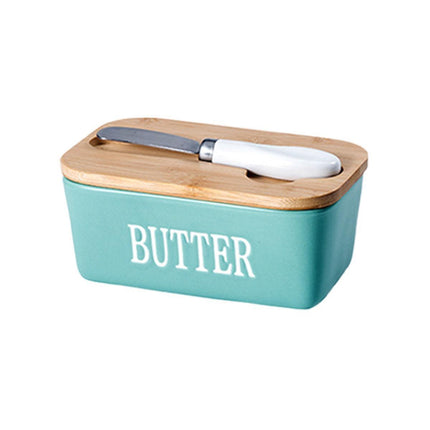 Butter Box with Knife Rectangular Cheese Container with Wooden Lid for Kitchen - Blue.