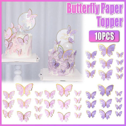 10Pcs Butterfly Paper Toppers Happy Birthday Cake & Festival Theme Decor - Purple Stripe.