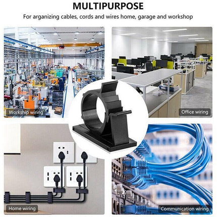 Adhesive Cord Management Cable Clips Black Wire Holder Organizer Clamp - 10PCS.