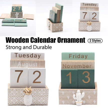 Rustic Wooden Perpetual Desk Calendar DIY Block Calendar Office Desktop Decor - Pineapple.