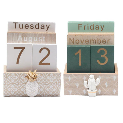 Rustic Wooden Perpetual Desk Calendar DIY Block Calendar Office Desktop Decor - Pineapple.