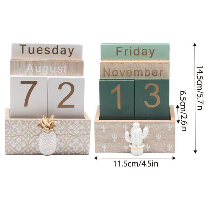 Rustic Wooden Perpetual Desk Calendar DIY Block Calendar Office Desktop Decor - Pineapple.