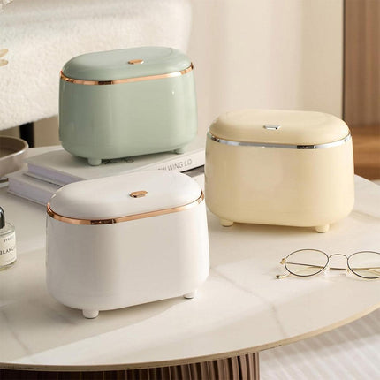 Small Desktop Trash Can Oval Pop Up Lid Rubbish Bin Waste Organizer Container - Beige.
