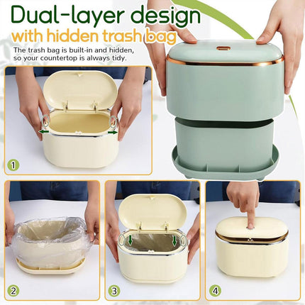 Small Desktop Trash Can Oval Pop Up Lid Rubbish Bin Waste Organizer Container - Beige.