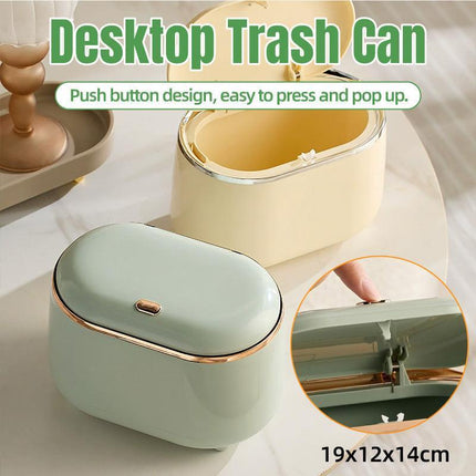 Small Desktop Trash Can Oval Pop Up Lid Rubbish Bin Waste Organizer Container - Green.