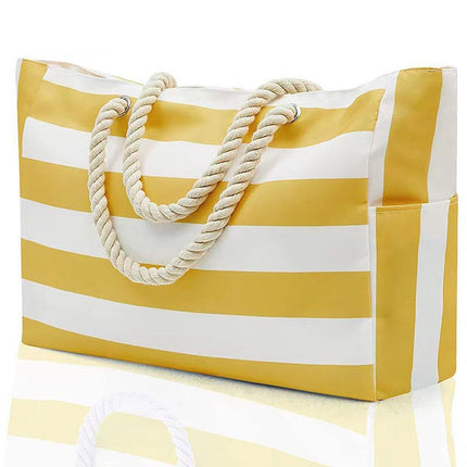 Large Bohemian Striped Canvas Beach Bag Zipper Tote for Travel Outdoor Vacation - Black.