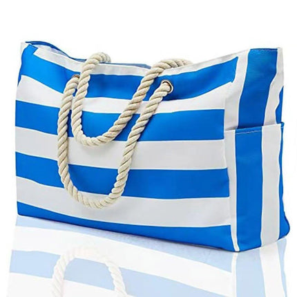 Large Bohemian Striped Canvas Beach Bag Zipper Tote for Travel Outdoor Vacation - Black.