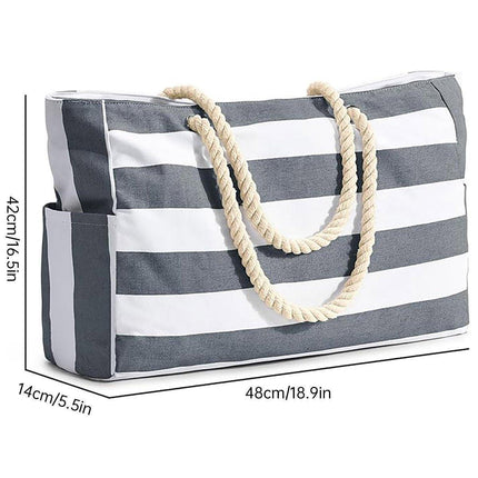 Large Bohemian Striped Canvas Beach Bag Zipper Tote for Travel Outdoor Vacation - Blue.