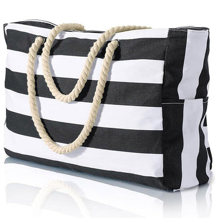 Large Bohemian Striped Canvas Beach Bag Zipper Tote for Travel Outdoor Vacation - Blue.