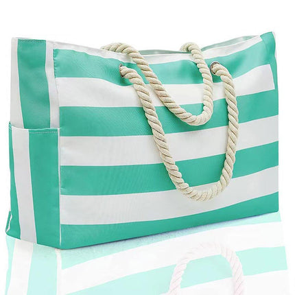 Large Bohemian Striped Canvas Beach Bag Zipper Tote for Travel Outdoor Vacation - Blue.