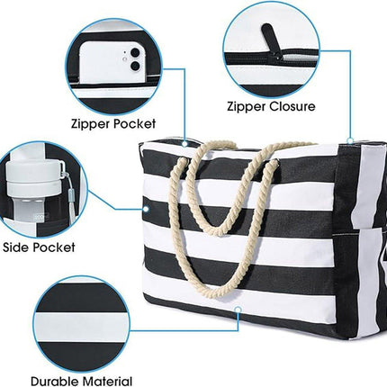 Large Bohemian Striped Canvas Beach Bag Zipper Tote for Travel Outdoor Vacation - Grey.