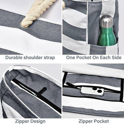 Large Bohemian Striped Canvas Beach Bag Zipper Tote for Travel Outdoor Vacation - Grey.