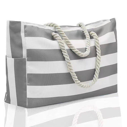 Large Bohemian Striped Canvas Beach Bag Zipper Tote for Travel Outdoor Vacation - Grey.