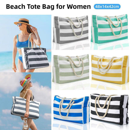 Large Bohemian Striped Canvas Beach Bag Zipper Tote for Travel Outdoor Vacation - Yellow.