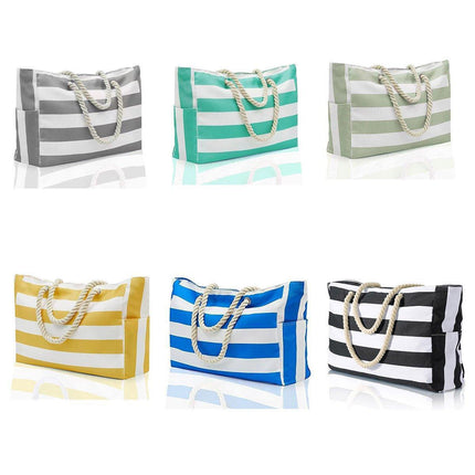Large Bohemian Striped Canvas Beach Bag Zipper Tote for Travel Outdoor Vacation - Yellow.