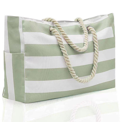 Large Bohemian Striped Canvas Beach Bag Zipper Tote for Travel Outdoor Vacation - Yellow.