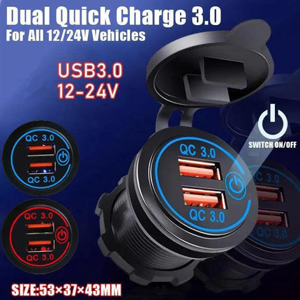 1× Dual USB Car Charger QC 3.0 Quick Charge 12V-24V Power Outlet - Blue.