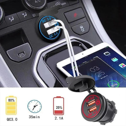 1× Dual USB Car Charger QC 3.0 Quick Charge 12V-24V Power Outlet - Blue.