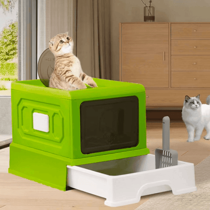 Folding Enclosed Cat Litter Box Foldable Drawer Toilet Anti-Splash Pet Supplies - Blue.