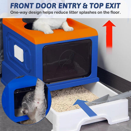 Folding Enclosed Cat Litter Box Foldable Drawer Toilet Anti-Splash Pet Supplies - Blue.