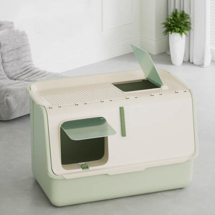Large Fully Enclosed Cat Litter Box with Lid Odor Control Litter Pan for Cats - Green.