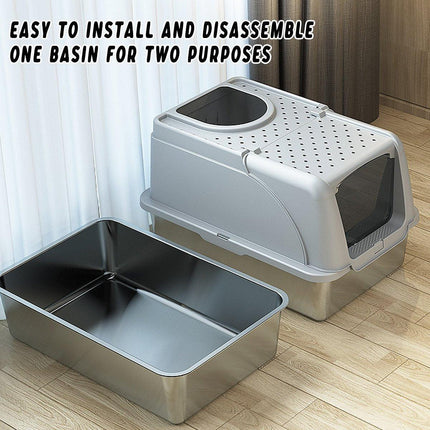 Durable Stainless Steel Cat Litter Box Pan Pet Toilet Odor Control Tray Large - Grey.