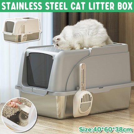 Durable Stainless Steel Cat Litter Box Pan Pet Toilet Odor Control Tray Large - White.