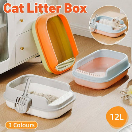 12L Semi Enclosed Large Cat Litter Box with Delivery Shovel Easy Clean Toilet - Purple-Pink.