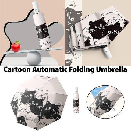 1PC Cartoon Black White Cat Automatic Folding Sun Umbrella Anti-UV For Unisex.