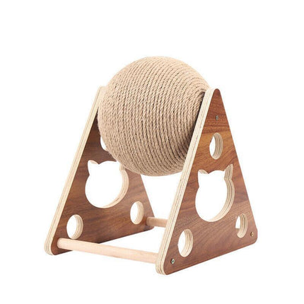Wooden Cat Scratcher Toy with Rotating Sisal Ball Scratch Post Triangle Frame.