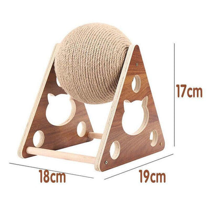 Wooden Cat Scratcher Toy with Rotating Sisal Ball Scratch Post Triangle Frame.