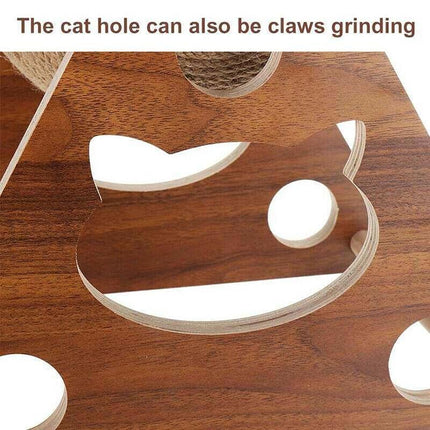 Wooden Cat Scratcher Toy with Rotating Sisal Ball Scratch Post Triangle Frame.