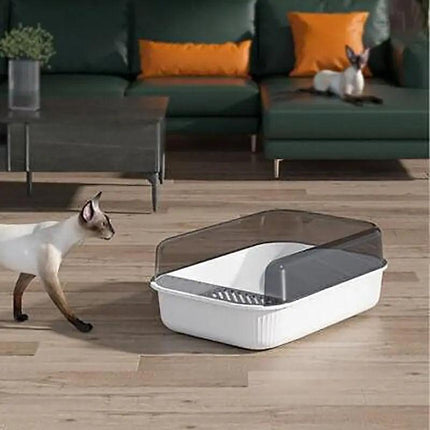Litter Tray Box with Splash Guard and Wide Opening for Cats Open Top Design - Grey.