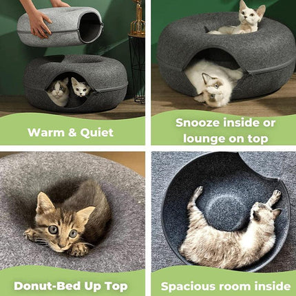 Felt Cat Tunnel Bed Donut Cave Nest for Kittens and Small Pets 50x30cm - Dark Grey.