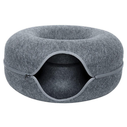 Felt Cat Tunnel Bed Donut Cave Nest for Kittens and Small Pets 50x30cm - Dark Grey.