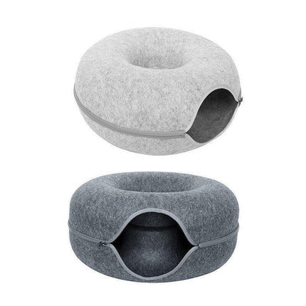 Felt Cat Tunnel Bed Donut Cave Nest for Kittens and Small Pets 50x30cm - Light Grey.