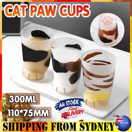 Pair 3 Cat Paw Frosted Calico Cups Glass Milk Cute Gift Tumbler Claw Foot Cute.