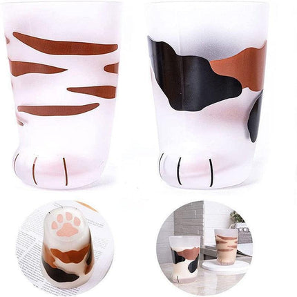 Pair 3 Cat Paw Frosted Calico Cups Glass Milk Cute Gift Tumbler Claw Foot Cute.