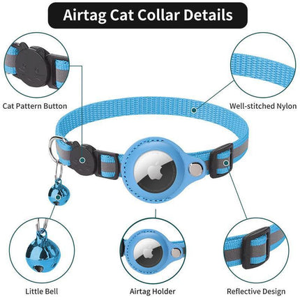 Reflective Pet Collar with Holder for AirTag Tracker – Anti-Lost Cat Dog Tag - Blue.
