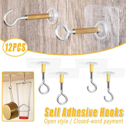 12 PCS Heavy Duty Self Adhesive Hooks Stainless Steel Ceiling Hooks for Home - Open.