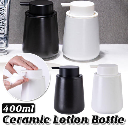400ML Ceramic Stoneware Soap Dispenser Modern Design Lotion Pump Manual Bathroom - White.