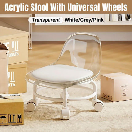 Stool with Universal Wheels Pulley Short Stool with Backrest Comfortable Seat - Pink.