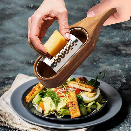 Premium Stainless Steel Cheese Grater with Acacia Wood Handle Scraper Planer.