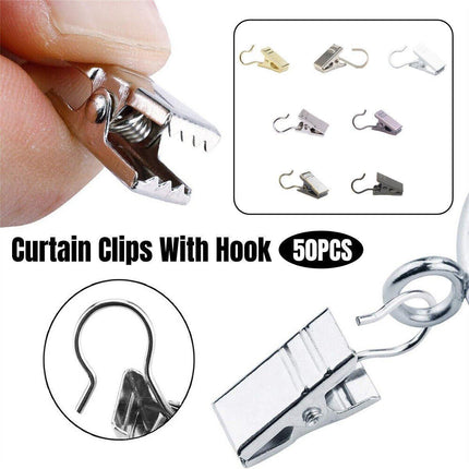 50PCS Stainless Steel Curtain Clip Hooks Strong Load-bearing Shower Accessories - Silver White.