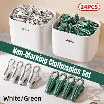 24pcs Clothes Pegs with Storage Basket Laundry Sock Clips Non Slip Drying Hanger - White.