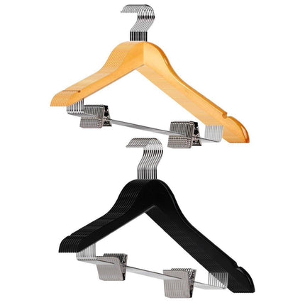 10 Pcs Wooden Non-Slip Wide Shoulder Clothes Hanger with Clip for Hotel Wardrobe - Black.