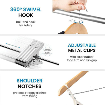 10 Pcs Wooden Non-Slip Wide Shoulder Clothes Hanger with Clip for Hotel Wardrobe - Black.