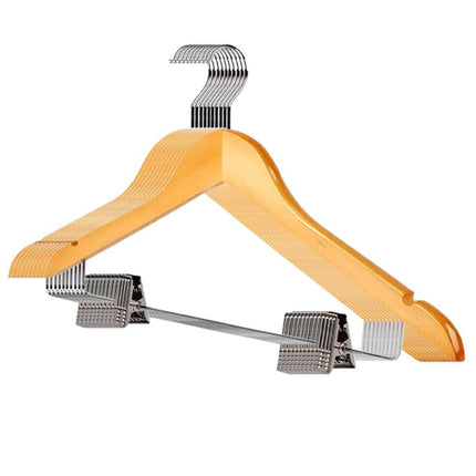 10 Pcs Wooden Non-Slip Wide Shoulder Clothes Hanger with Clip for Hotel Wardrobe - Black.