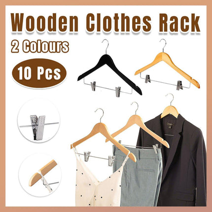 10 Pcs Wooden Non-Slip Wide Shoulder Clothes Hanger with Clip for Hotel Wardrobe - Wood.