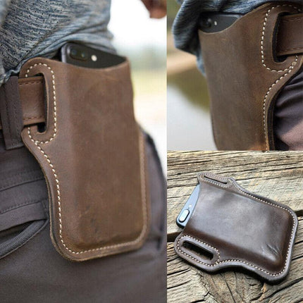 Leather Phone Holster Pouch Belt Clip Loop Waist Bag Cover Case for Men - Dark Brown.
